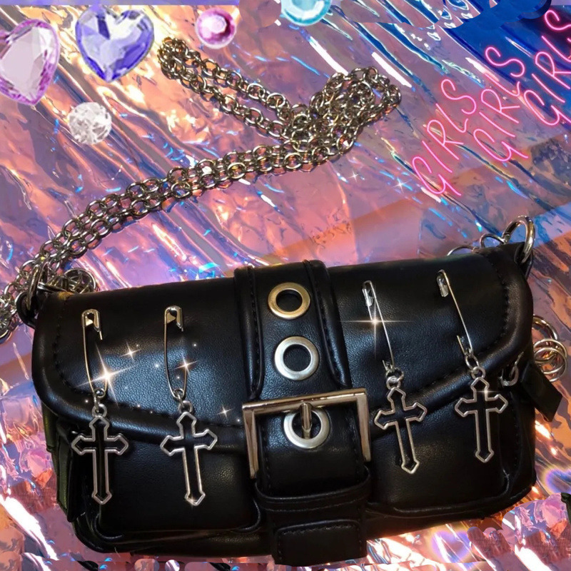 Evening Bags Xiuya Vintage Gothic Shoulder Bag Women Harajuku Punk Pin Cross Crossbody Bags Solid PU Leather Womens Handbag Pouch 230422