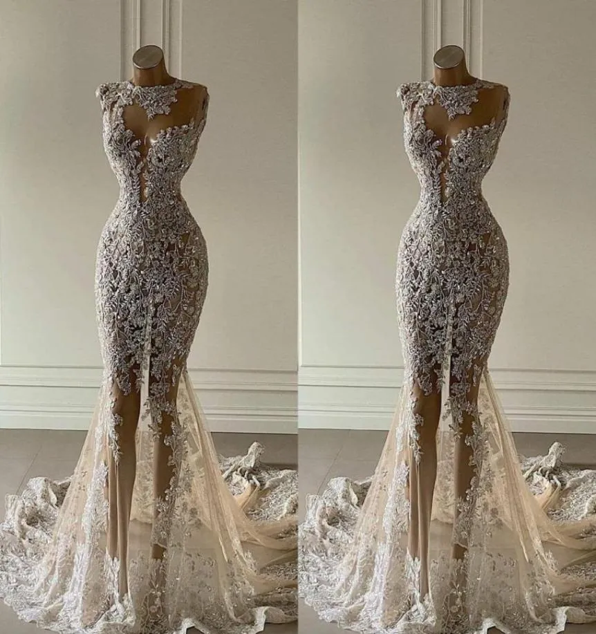Evening Dresses Champagne Illusion Bodice Lace Applique Mermaid Sleeveless Jewel Neck Ruffles Sweep Train Plus Size Prom Gown Formal Custom Vestidos 6