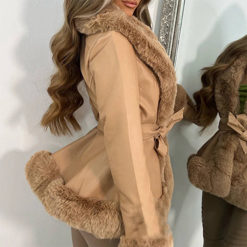 Women's Jackets Ladies Stylish PU Leather Winter Warm Plush Collar Jacket Faux Fur Coat Belted Women Featuring 231122