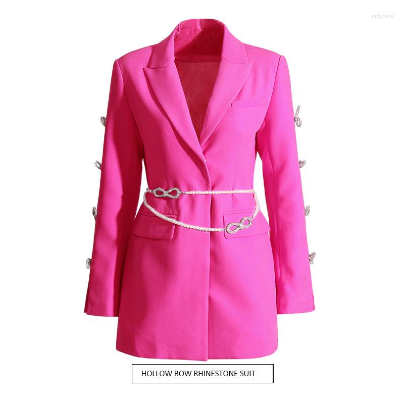 Women's Suits Sweet Fashion Woman Suit Dress Shining Diamonds Bow Hollow Out Sleeve Notched Pearl Belt Mini Celebrity Party Outfit