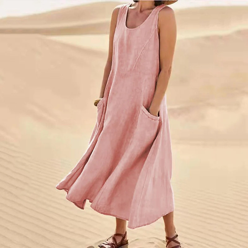 Dress for woman Summer Women Sleeveless designer dress Sundress Elegant Round Neck Cotton Linen Solid Long Tank Dress Vintage Pockets Beach Vestidos