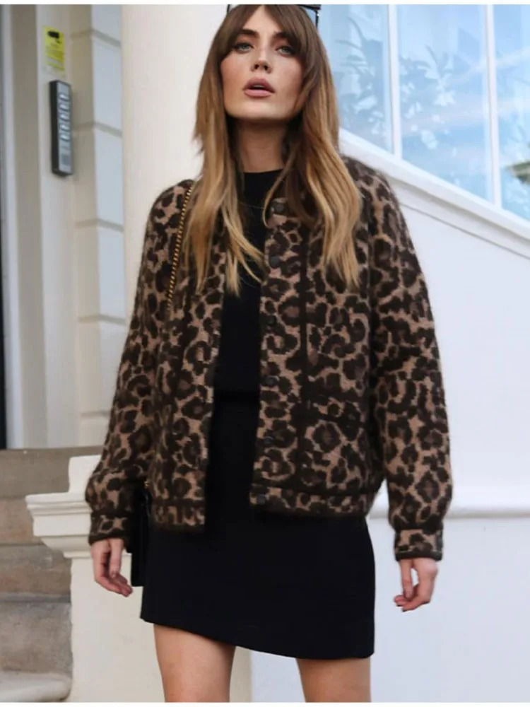 Womens Wool Blends Leopard Print Vintage Women Oneck Coat Single Breaste Long Sleeve Fleece Warm Casual Jacket Autumn Chic Lady Overcoat 231123