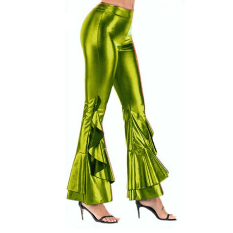 Womens Pants Capris Shinny Metallic Elastic Mid Waist Stretchy Bell Bottom Flared Bootcut Wet Look Trousers Club Wear 231123