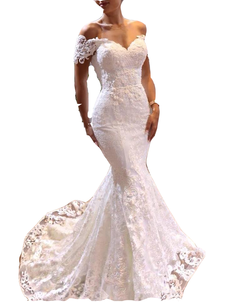 Sexy Mermaid Dresses Gorgeous African Lace Appliques Beads Off Shoulder Bridal Gowns Sweep Train Church Bride Wedding Dress