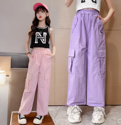 Pants For Girls Pockets Cargo Solid Color Kids Casual Style Clothes 6 8 10 12 14 210527