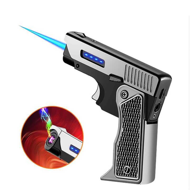 Lighters Jet No Gas Torch Gun Lighter Pistol Metal Creative Folding Electric Plasma Butane Flame Windproof Rechargeable Usb Dual Arc W260202