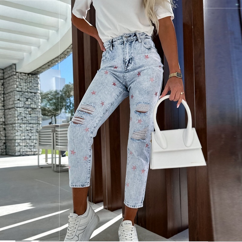 Women's Jeans YEMOGGY Elegant Ripped for Women Summer Pants 2023 Button Pocket Star Loose High Waist Perforated Denim 230422