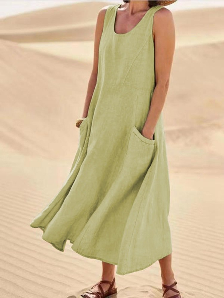 Dress for woman Summer Women Sleeveless designer dress Sundress Elegant Round Neck Cotton Linen Solid Long Tank Dress Vintage Pockets Beach Vestidos