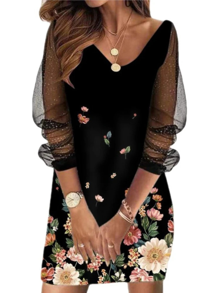 Basic Casual Dresses Sexy Mesh Sleeves V Neck Sequins Print Slim Bodycon Dress Women Long Causal Elegant Club Party Vestidos 231123