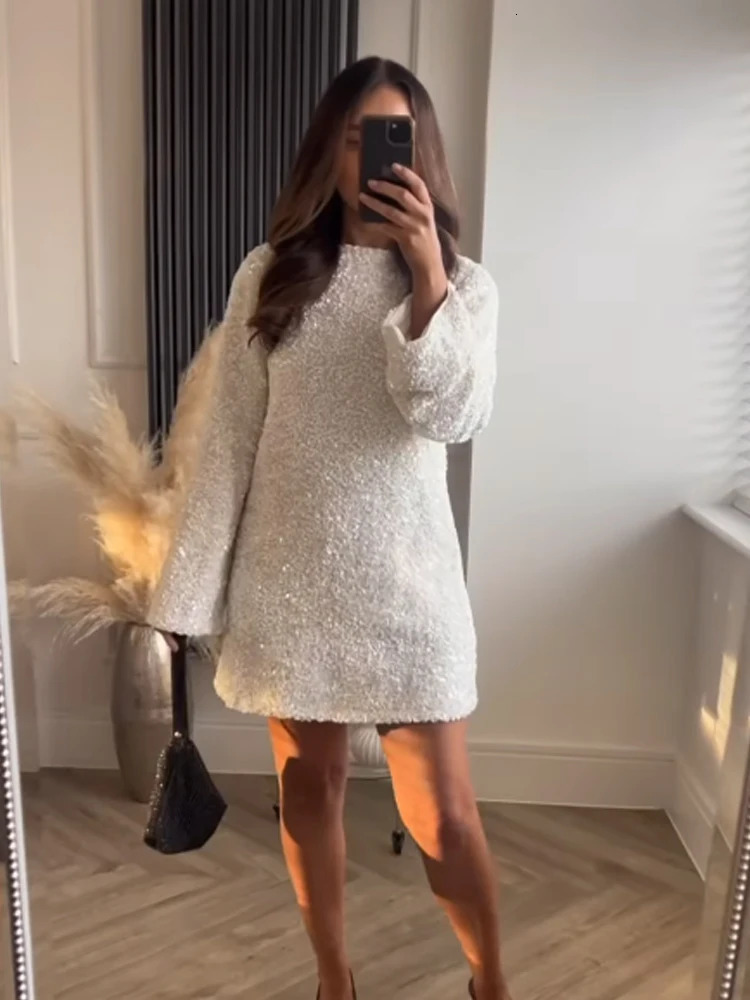 Basic Casual Dresses Fashion Rose Red Sequin Short Dress For Women Year Christmas Party Female Elegant Chic Long Sleeve Evening Vestidos 231123