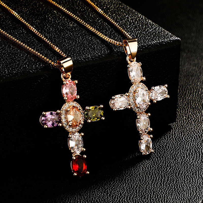 Creative Womens Colorful Cubic Zirconia Cross Pendant Necklace Shiny Prong Multi Color Crystal Hip Hop Fashion 14K Real Gold Plated CZ Stone Jewelry G