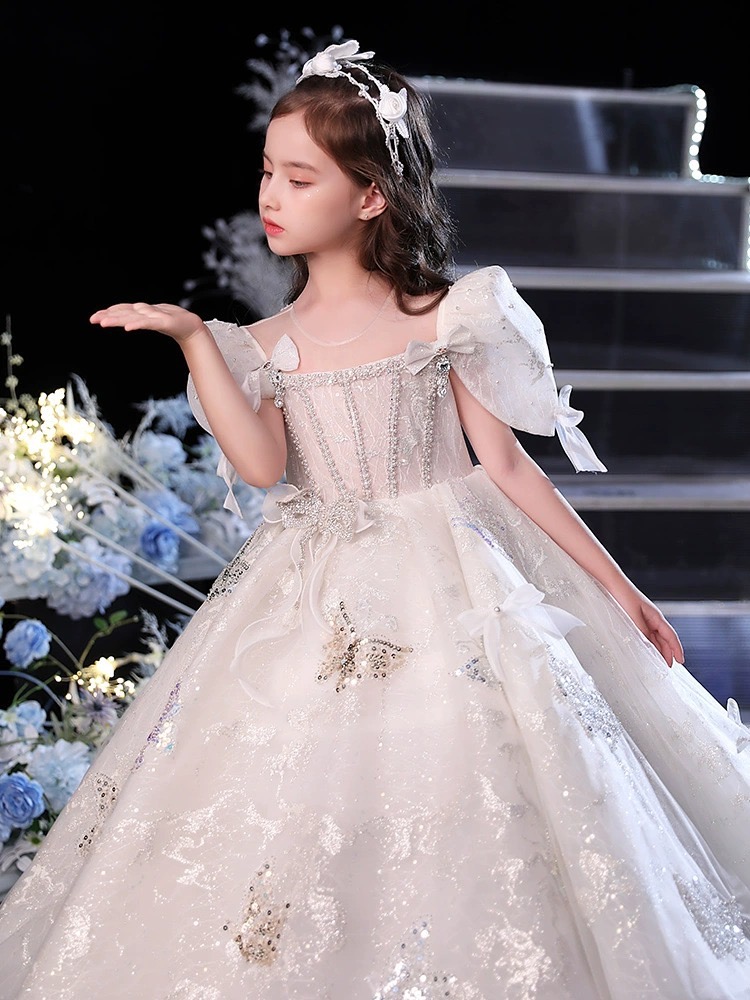 2023 shiny Design Flower Girls Dresses For Weddings Long princess pearls Sequins Pageant Party Gowns First holy Communion Dress For Child Teens girl p