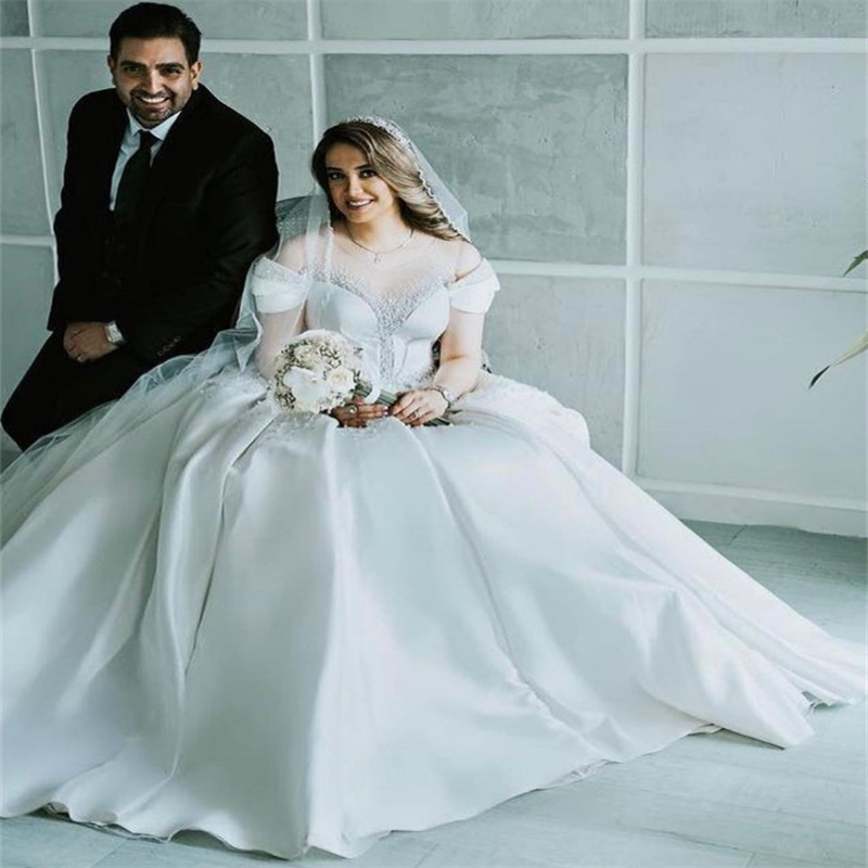 Elegant Ball Gown Pearls Wedding Dress 2023 Satin Beaded Plus Size Country Bridal Gowns Zipper Arabic Garden Civil Vestido De Noiva Beautiful Boho Bri