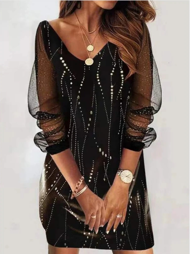 Basic Casual Dresses Sexy Mesh Sleeves V Neck Sequins Print Slim Bodycon Dress Women Long Causal Elegant Club Party Vestidos 231123