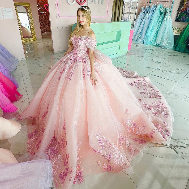 Mexican Pink Off The Shoulder Ball Gown Quinceanera 2024 Beaded Lace Appliques Beads TullBirthday Gowns Sweet 16 Dress Lace-up