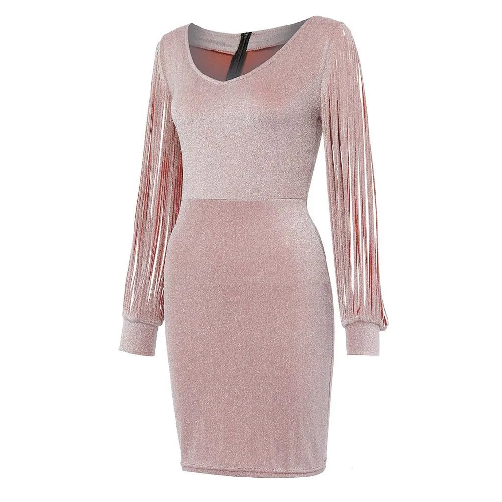 Basic Casual Dresses Fashion Sexy Women V Ncek Solid Sequined Glitter Stitching Shining Club Sheath Long Sleeved Mini Dress For Female 231123