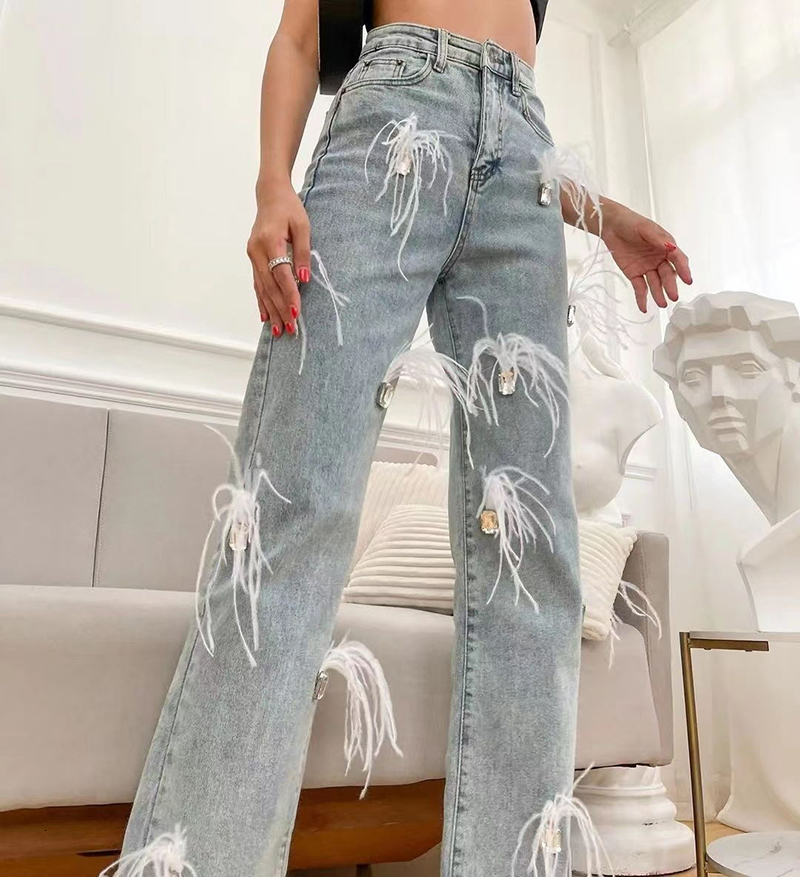 Women's Jeans 2023 Women Stylish High Waist Ostrich Feathers Denim Pants Feather Straight Stretch Trousers with Gem Streetwear S3476 230422Z