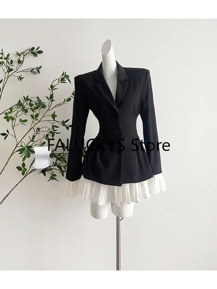 Basic Casual Dresses Women Formal Blazer Lapel Collar Autumn Winter Office Lady Korean Patchwork Contrast Color Outerwear Single Breasted Suit Jacket 