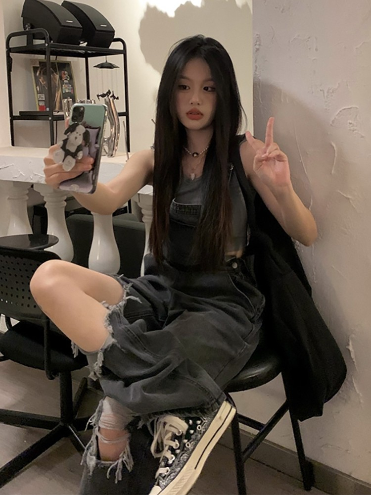 Women's Jean Jump Suit Summer Hole Denim Overalls Oversized Jeans High Waist Girl Style Street Trousers Female 230422