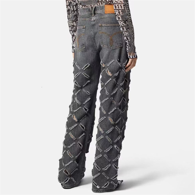 Women's Jean's Jeans 2023 Summer in Vintage Washed Hole Wide Leg Pants Metal Button Decorative Pure Cotton Denim Traf 230422Z