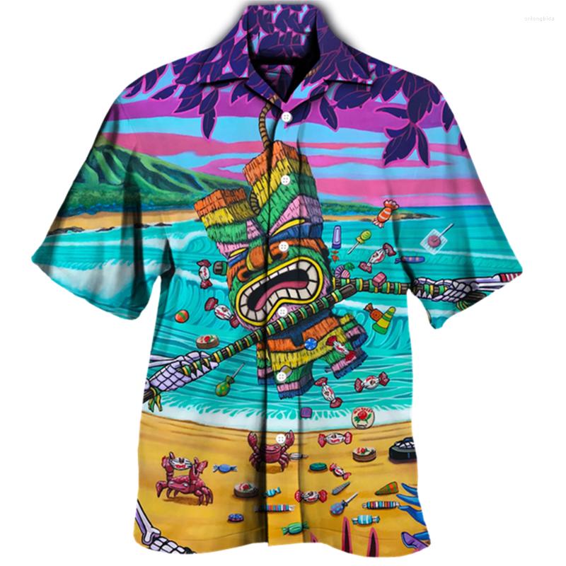 Men's Casual Shirts 2023 Mayan Totem 3D Print Men's Hawaiian Shirt With Cuban Collar And Skull Design Short Sleeve Fashion Top For Male