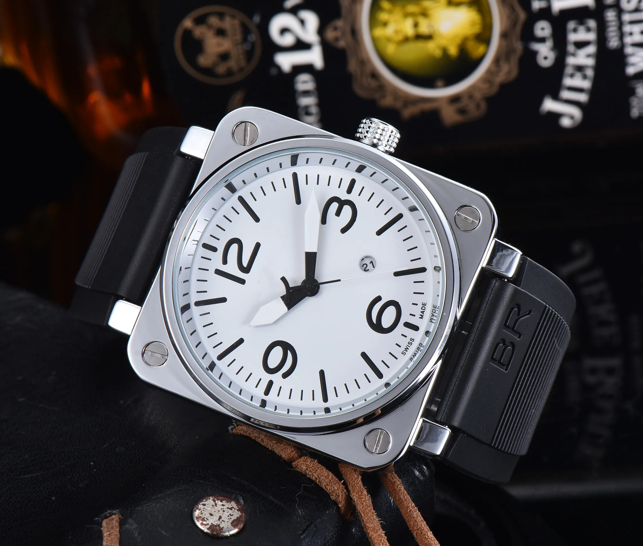 Mens BR Model Sport Rubber Strap Quartz Bell Luxury Multifunction Watch Business Stainless Steel Man Ross Square Wristwatch #gfh657