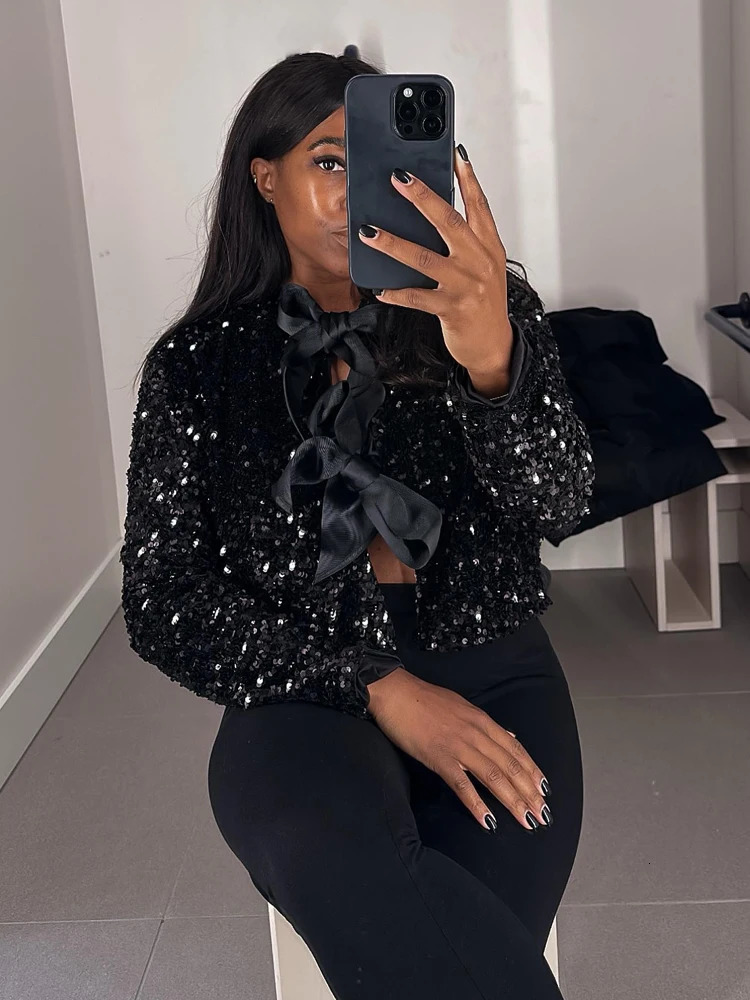 Womens Wool Blends Fashion Bow Sequin Jacket For Women Christmas Sparkling Coats Female Elegant Long Sleeve Chic Cropped Shiny Evening Partywear 23112