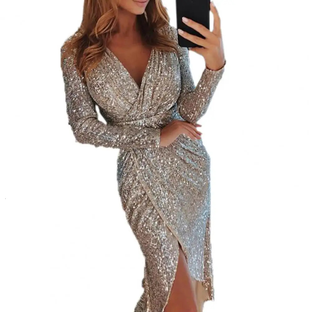 Basic Casual Dresses Midi Dress Sequined Sexy Wrap Slit Party Lady Trendy Pencil Sparkling for Dating 231123