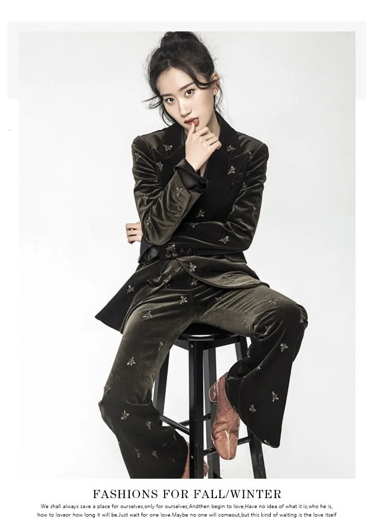 Womens Two Piece Pants British Autumn Winter Style Embroidery Pleuche Jacket Velvet Blazer Trousers 2 Pcs Fashion Suits Y1396 231123
