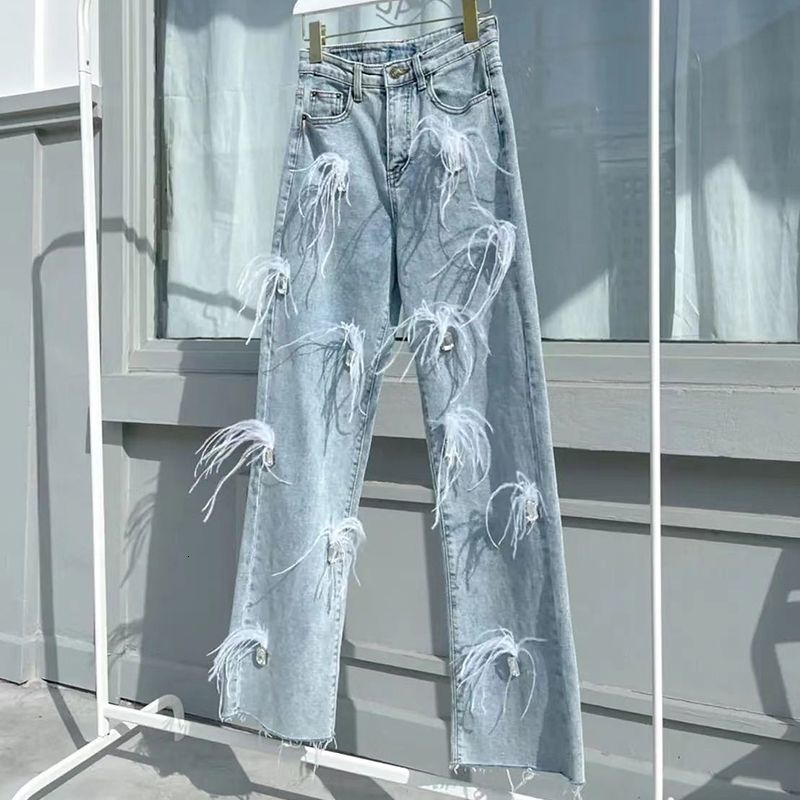 Women's Jeans 2023 Women Stylish High Waist Ostrich Feathers Denim Pants Feather Straight Stretch Trousers with Gem Streetwear S3476 230422Z