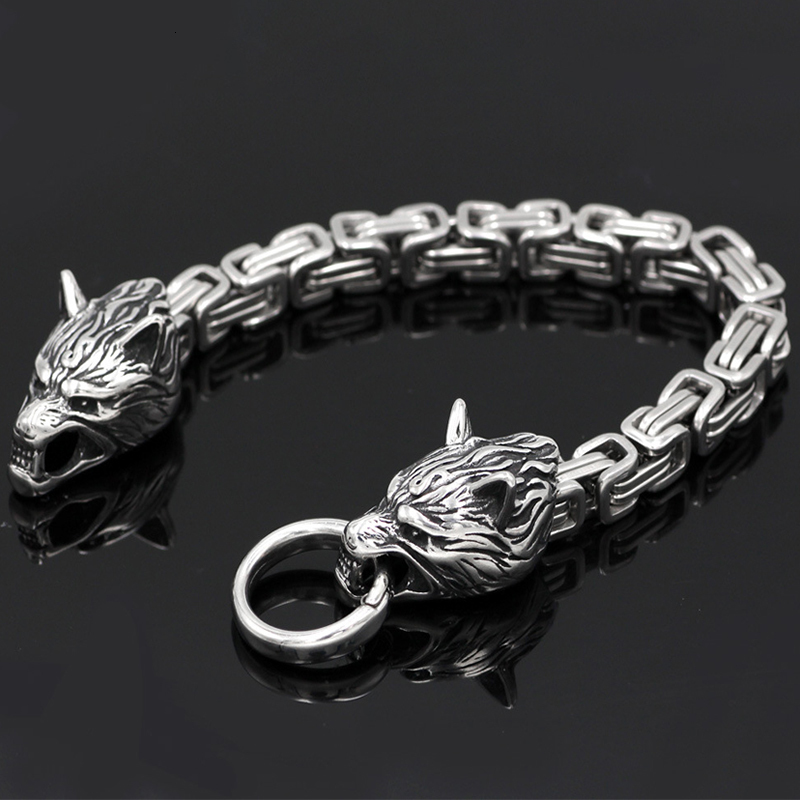 Beaded Men's Stainless Steel Viking Wolf Head Bracelet Back Shape Emperor Personality Jewelry Gift 230422