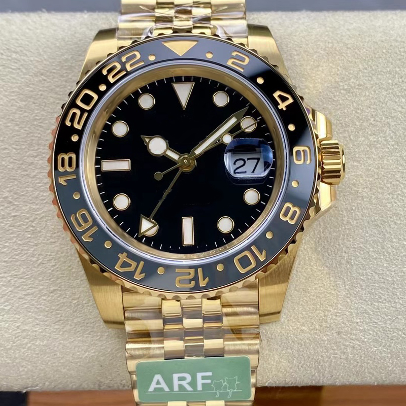GMT Designer Mens Watch 40mm Black bezel High quality 904L Gold Stainless Steel Strap jason007 M126718GRNR-0001