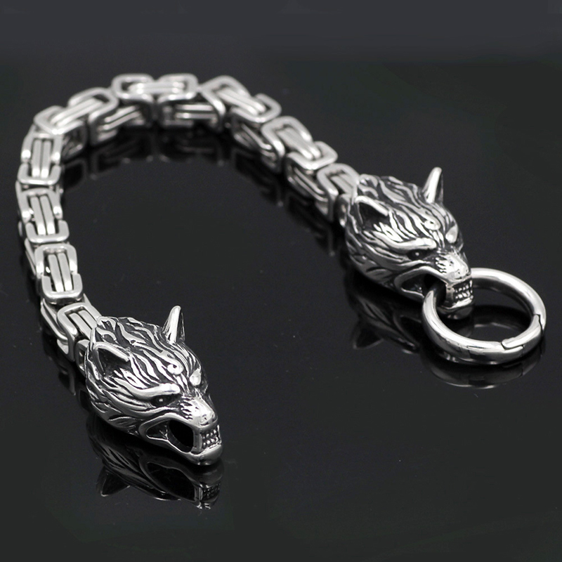 Beaded Men's Stainless Steel Viking Wolf Head Bracelet Back Shape Emperor Personality Jewelry Gift 230422