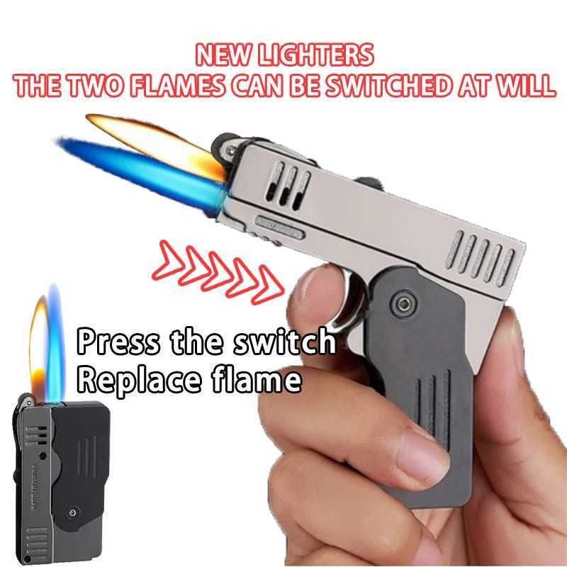 Lighters Pistol Smoking Torch Lighter Butane No Gas Windproof Double Jet Flame Cool Folding Pocket tools W260202