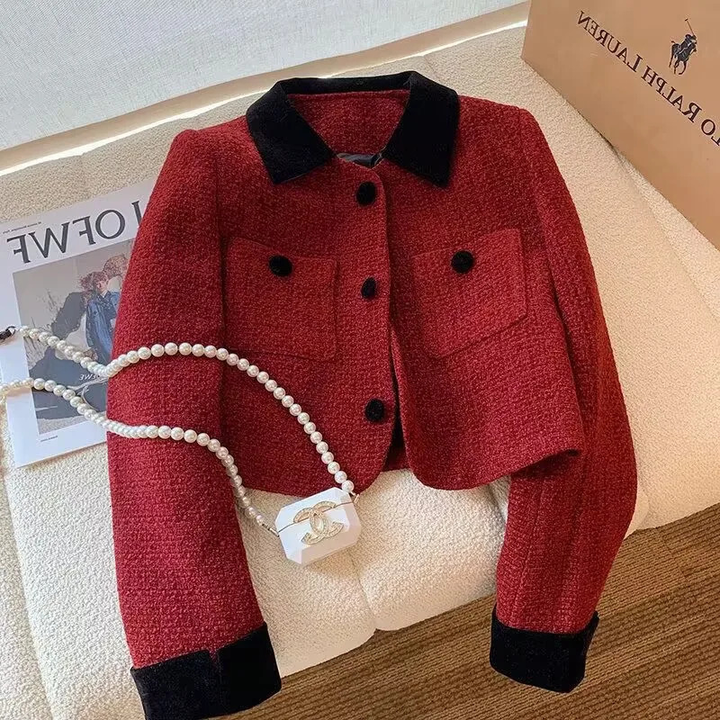 Womens Jackets Autumn Winter Small Fragrance Temperament Tweed Red Jacket Korean Fashion Women Top Chic Short 231123