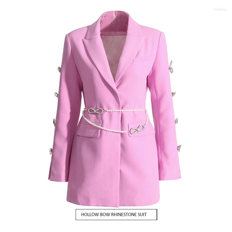 Women's Suits Sweet Fashion Woman Suit Dress Shining Diamonds Bow Hollow Out Sleeve Notched Pearl Belt Mini Celebrity Party Outfit
