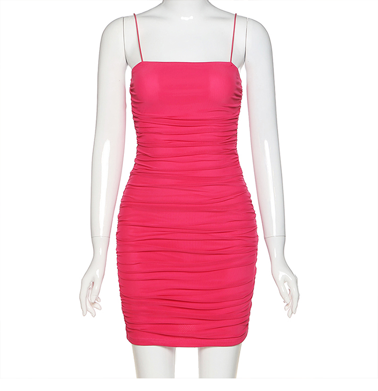 Womens casual dresses rose color spaghetti strap sexy bodycon gauze mini short dress SMLXL