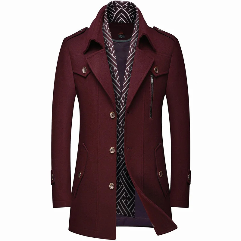 Men's Wool Blends Winter Men's Woolen Coats Fashion Thicken Mid Length Trench Solid Turn Down Collar Warm Outerwear Business Casual Wool Coa