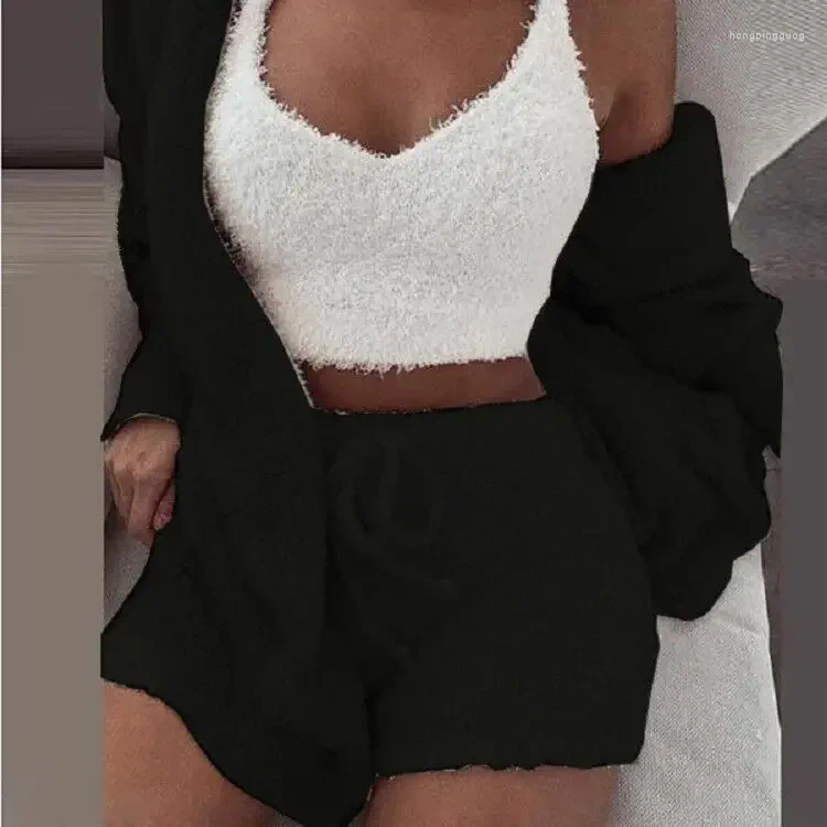 Women's Cozy Knit 3 Piece Pama Set Fluffy Tank Top, Shorts & Hoodie Winter Sleepwear - Polyester, Plus Size, Casual, Comfortable