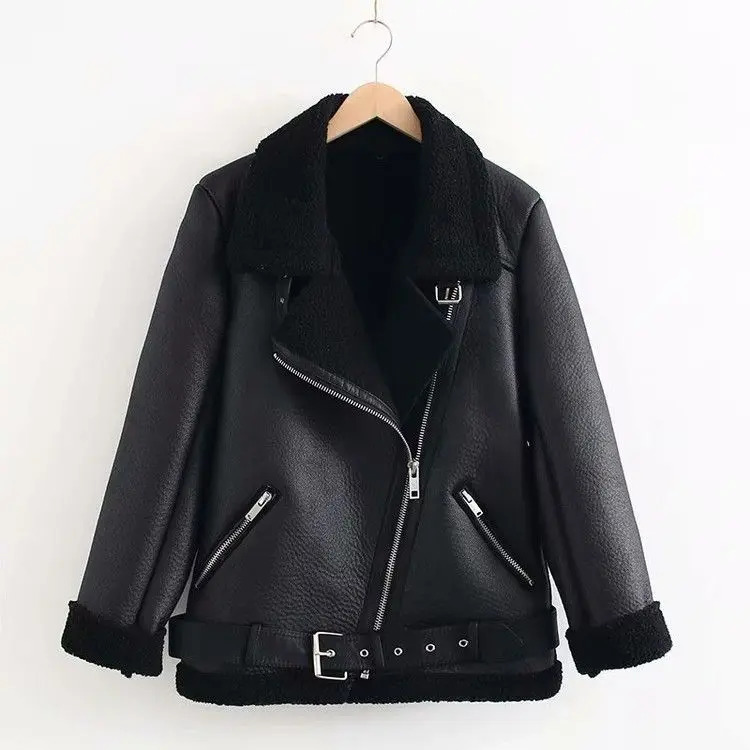Women's Fur Faux Thick and warm faux leather jacket Coat women's beige longsleeved belt women winter fashion streetwear Tops 231122