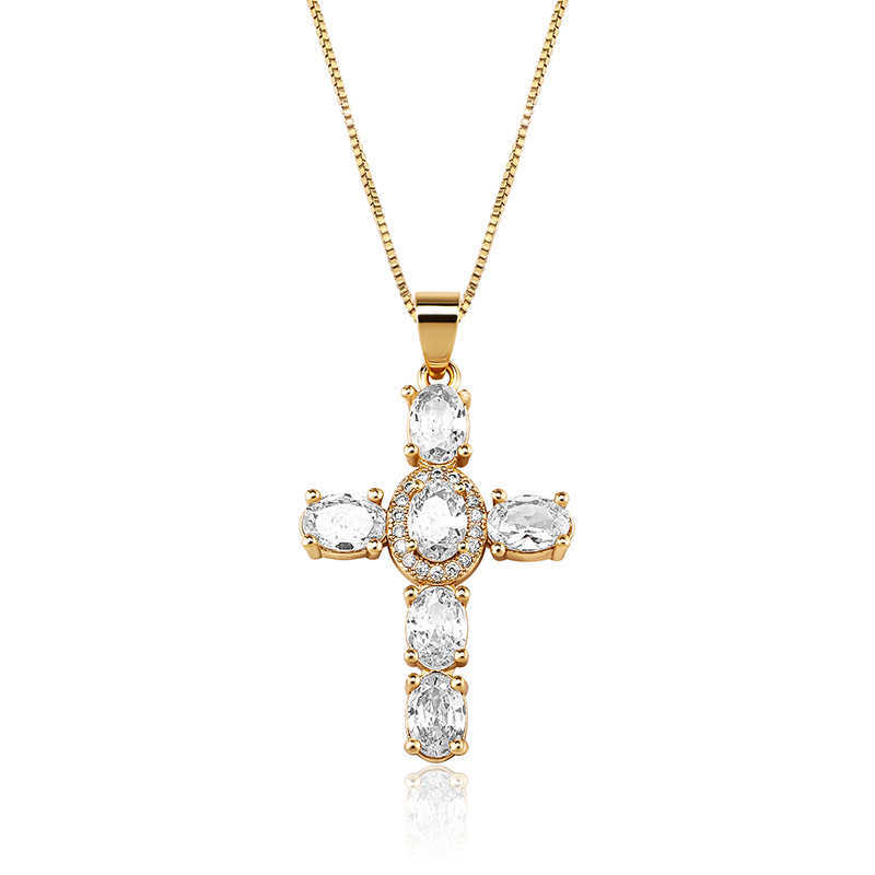 Creative Womens Colorful Cubic Zirconia Cross Pendant Necklace Shiny Prong Multi Color Crystal Hip Hop Fashion 14K Real Gold Plated CZ Stone Jewelry G