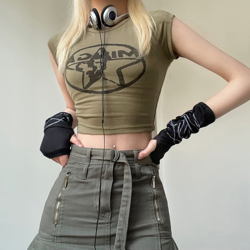 Summer Women' T-Shirt American Vintage Street Babes Star Print Slim Shoulder Crop Top, Army green
Summer Women' T-Shirt American Vintage Street Babes Star Print Slim Shoulder Crop Top, Army green