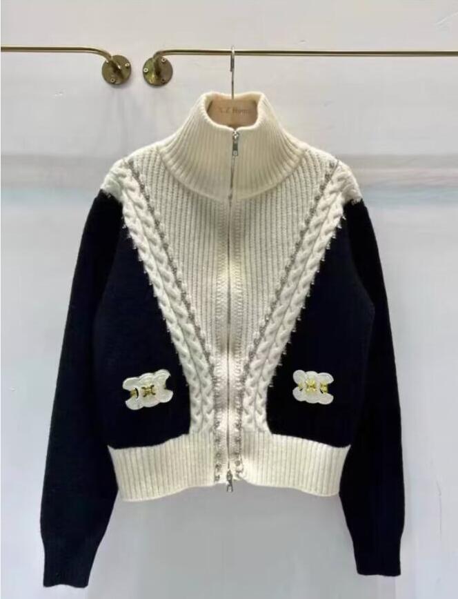 New Luxury Women's fashion casual loose cardigans knit zipper Sweaters Mujer casual Jacquard contrast stand collar polos long sleeved jacket coats