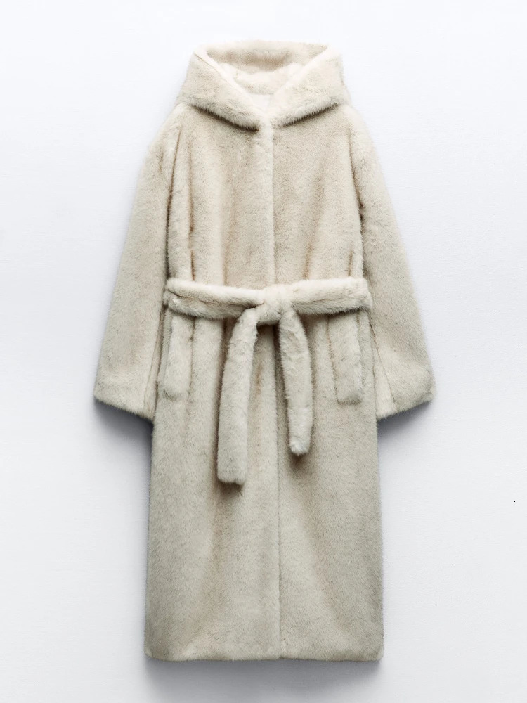 Women's Fur Faux RR2833 XLong Coats With Hood Winter Warm Mink Jackets Snap Buttons On Front Women Jacket Belt Waist 231122