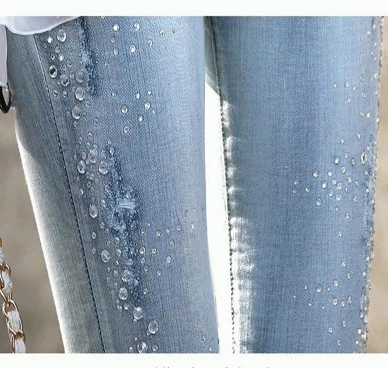 Women's Jeans jewelry diamond embroidered street denim pant light blue hallow out hole jeans punk fashion ankle leggings 230422