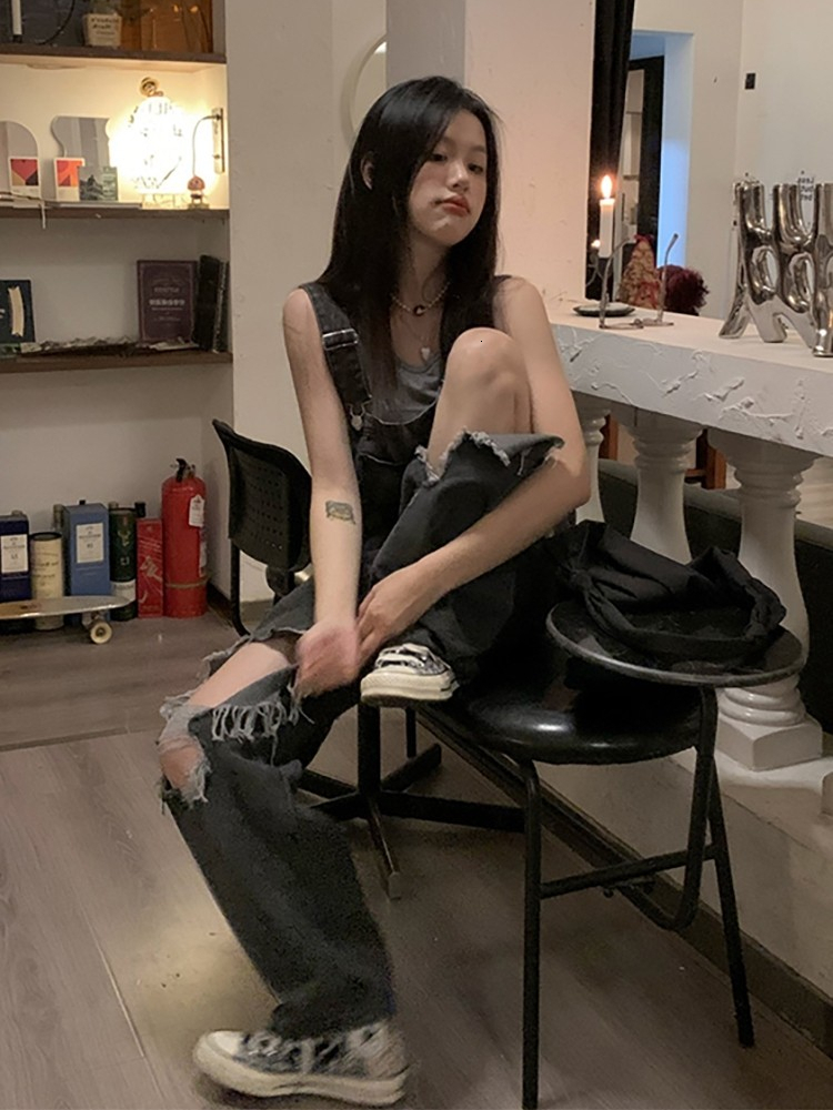 Women's Jean Jump Suit Summer Hole Denim Overalls Oversized Jeans High Waist Girl Style Street Trousers Female 230422