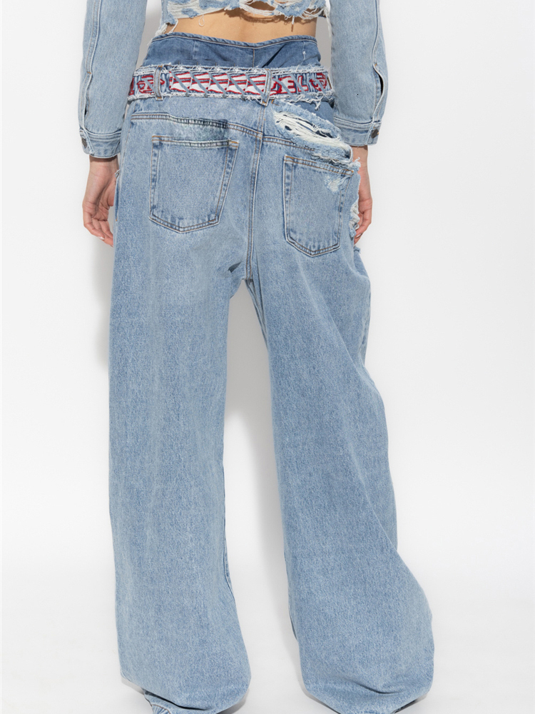 Women's Jeans CHICEVER Streetwear Hole Denim Wide Leg Pants High Waist Patchwork Belt Individuality Hit Color Female 2023 Clothing Style 230422