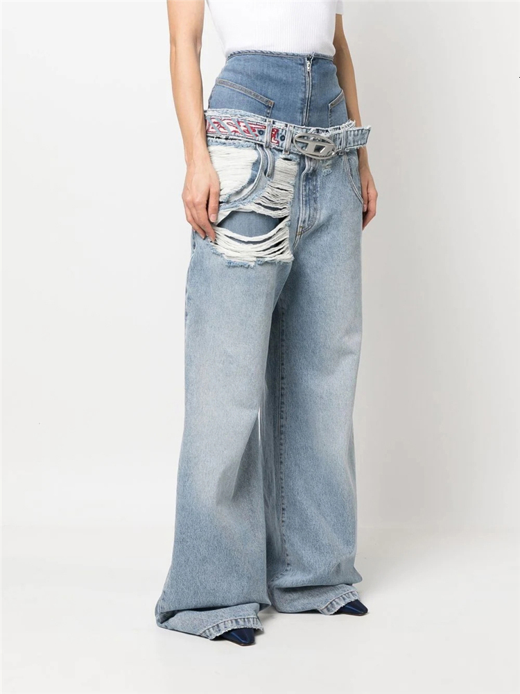 Women's Jeans CHICEVER Streetwear Hole Denim Wide Leg Pants High Waist Patchwork Belt Individuality Hit Color Female 2023 Clothing Style 230422