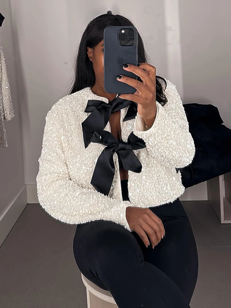 Womens Wool Blends Fashion Bow Sequin Jacket For Women Christmas Sparkling Coats Female Elegant Long Sleeve Chic Cropped Shiny Evening Partywear 23112