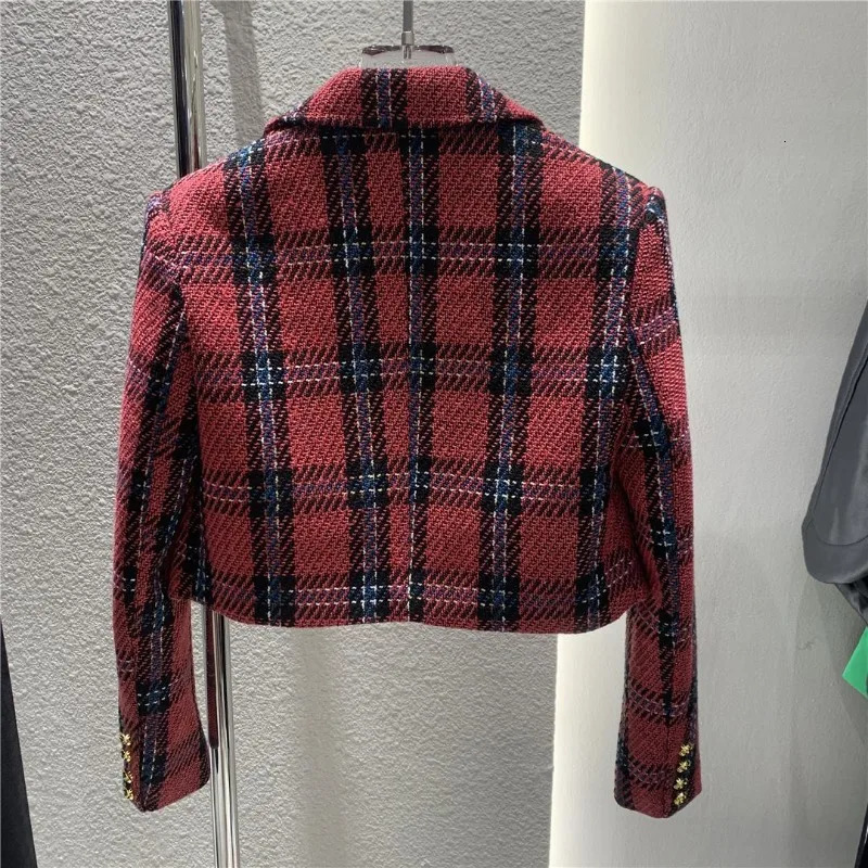 Womens Jackets Plaid Woolen Jacket Women Tweed Blazer High Waist Spring Autumn Cropped Small Suit Outerwear Office Lady Korean Tops 231123